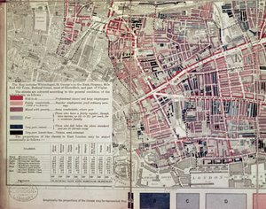 London: Whitechapel-delen, fra et beskrivende kart over East End Poverty, 1887